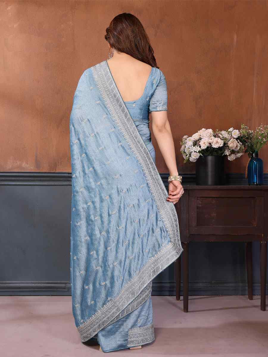 Firozi Pure Vichitra Silk Embroidery Festival Wedding Fancy Heavy Border Saree