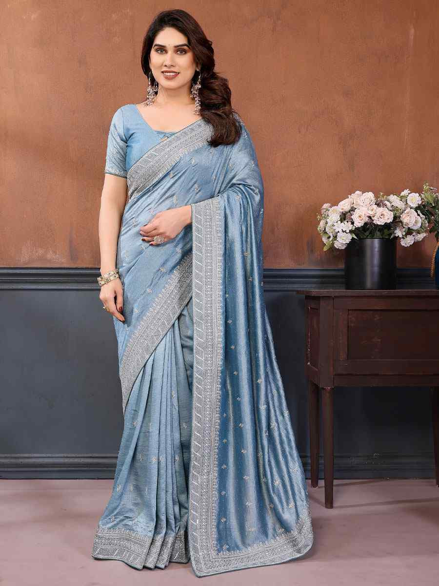 Firozi Pure Vichitra Silk Embroidery Festival Wedding Fancy Heavy Border Saree