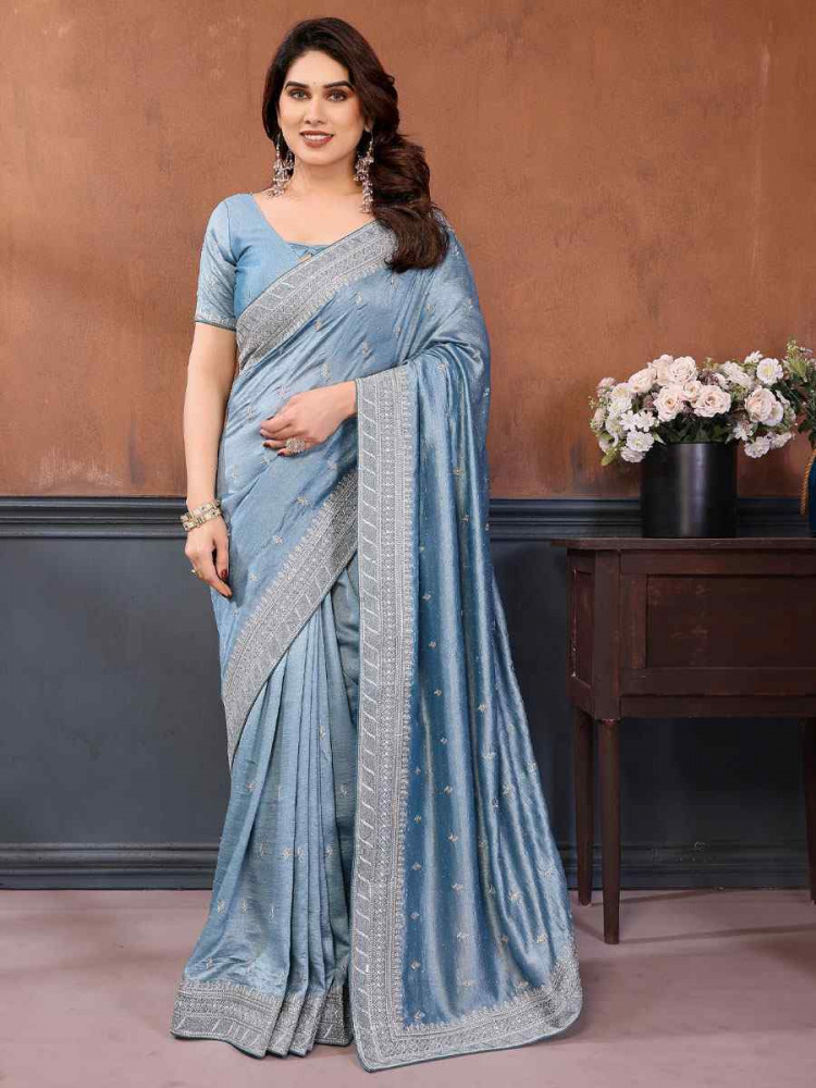 Image of Firozi Pure Vichitra Silk Embroidery Festival Wedding Fancy Heavy Border Saree