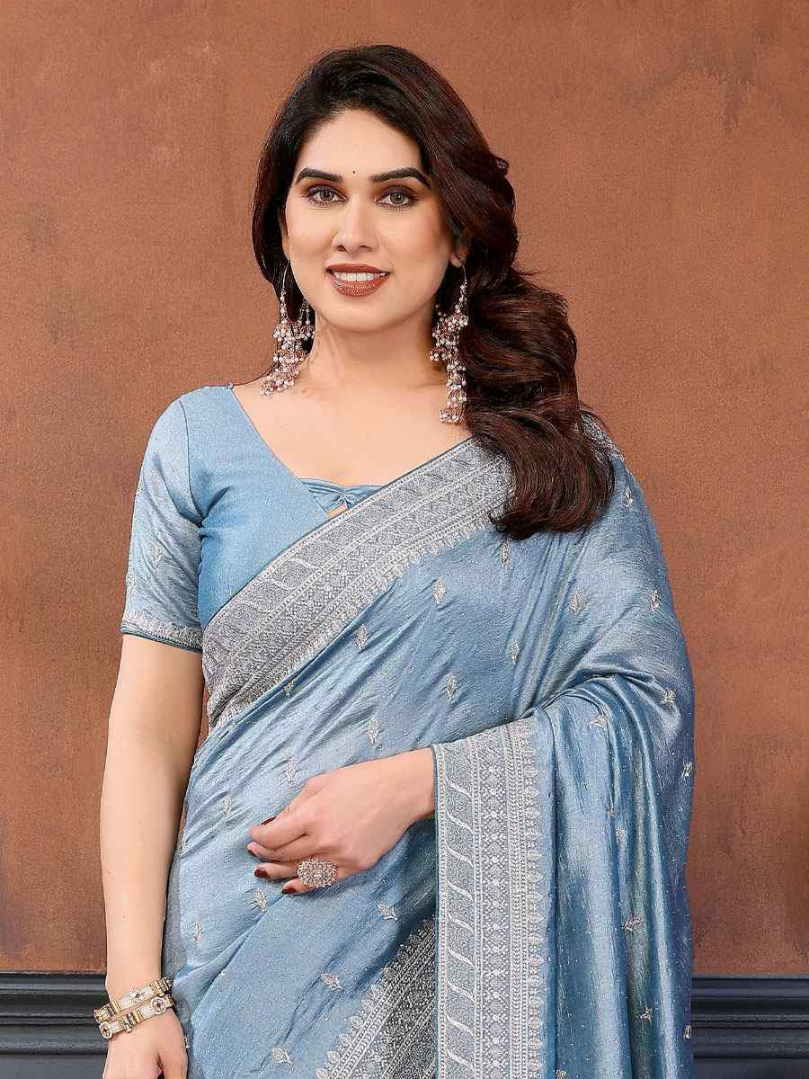 Firozi Pure Vichitra Silk Embroidery Festival Wedding Fancy Heavy Border Saree