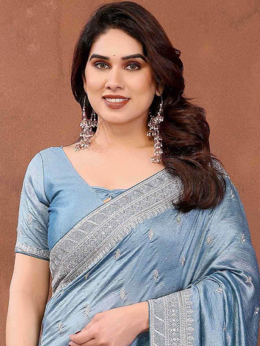 Firozi Pure Vichitra Silk Embroidery Festival Wedding Fancy Heavy Border Saree