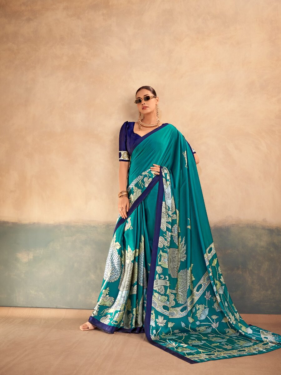 Firozi Satin Silk Kalamkari Printed Wedding Reception Party Festival Casual Heavy Border Sarees