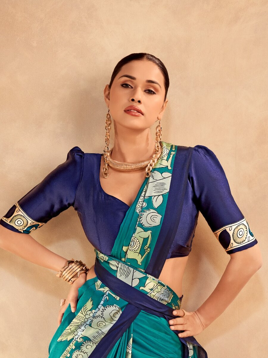 Firozi Satin Silk Kalamkari Printed Wedding Reception Party Festival Casual Heavy Border Sarees