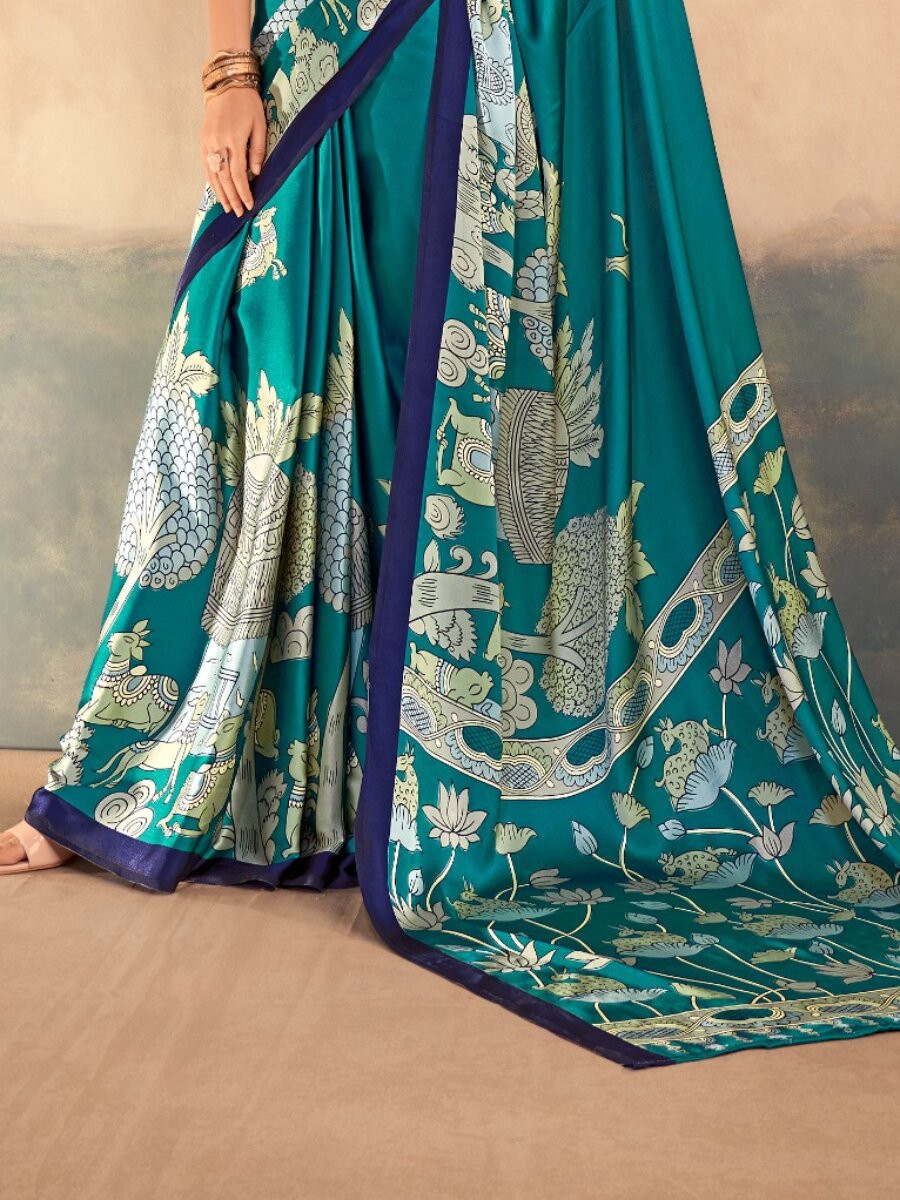 Firozi Satin Silk Kalamkari Printed Wedding Reception Party Festival Casual Heavy Border Sarees