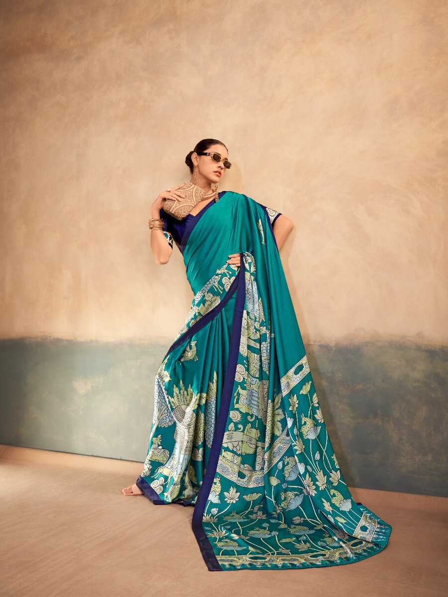 Firozi Satin Silk Kalamkari Printed Wedding Reception Party Festival Casual Heavy Border Sarees