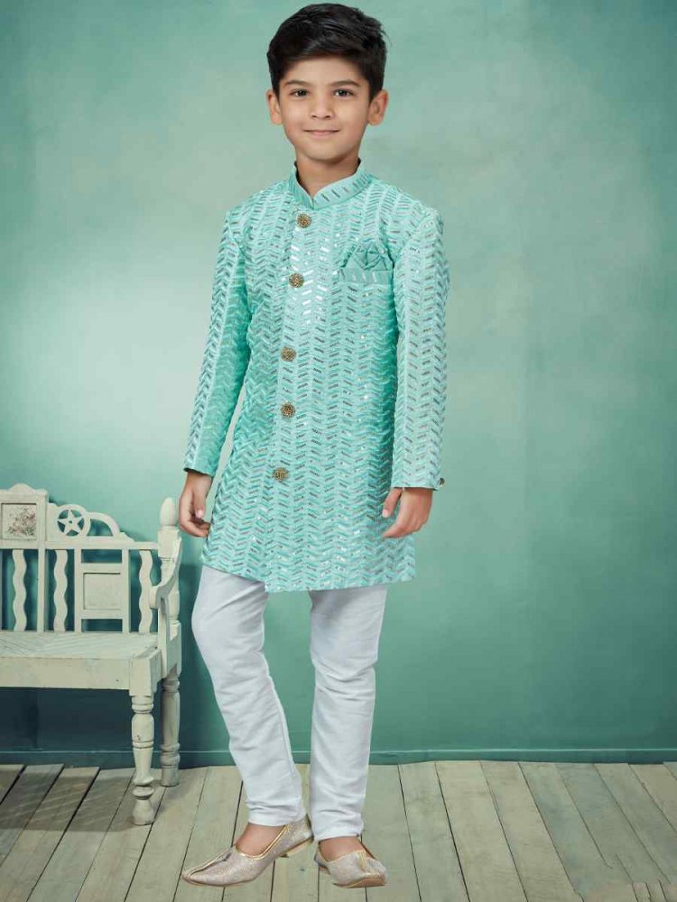 Firozi Settelite Silk Embroidered Party Festival Kurta Pyjama Boys Wear