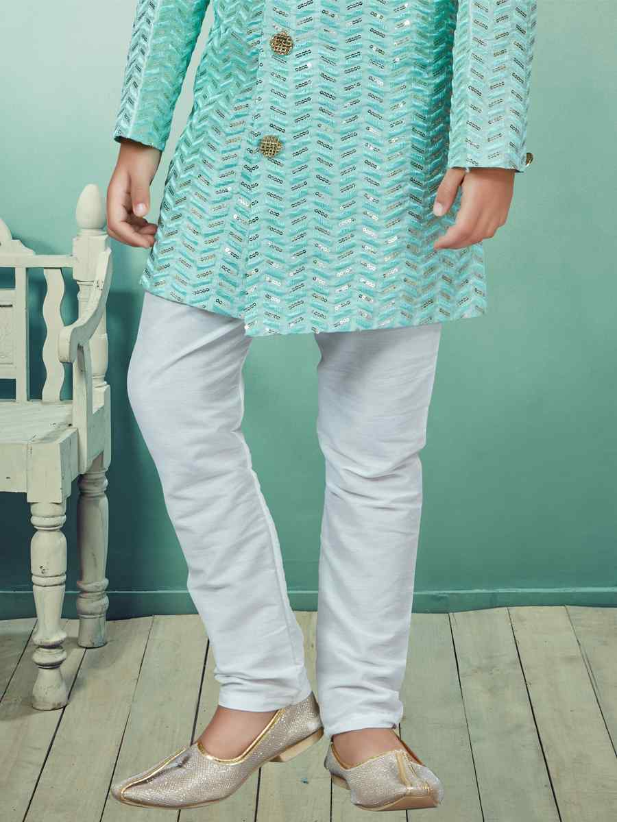 Firozi Settelite Silk Embroidered Party Festival Kurta Pyjama Boys Wear