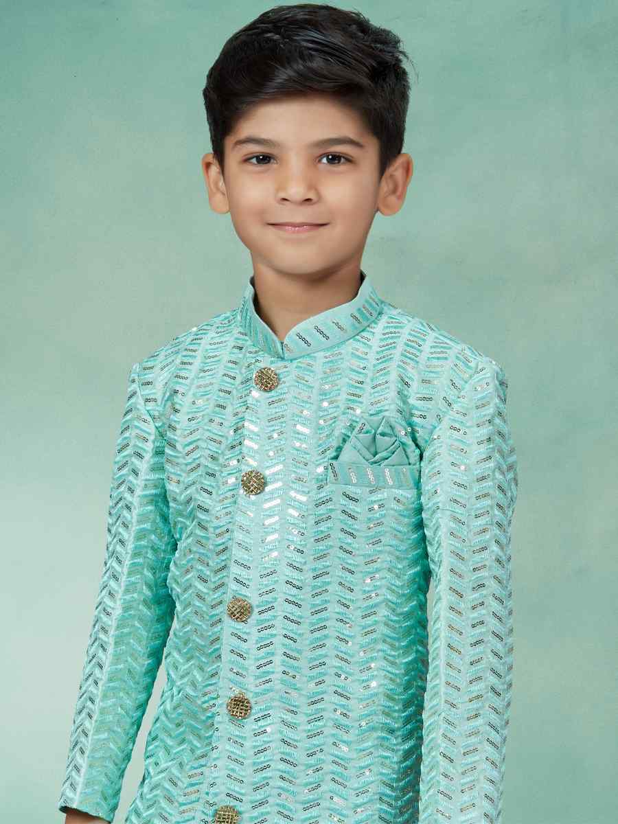 Firozi Settelite Silk Embroidered Party Festival Kurta Pyjama Boys Wear