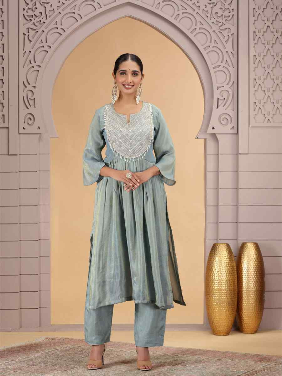 Firozi Silk Embroidered Festival Casual Kurti with Bottom