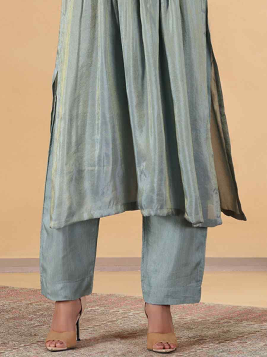 Firozi Silk Embroidered Festival Casual Kurti with Bottom