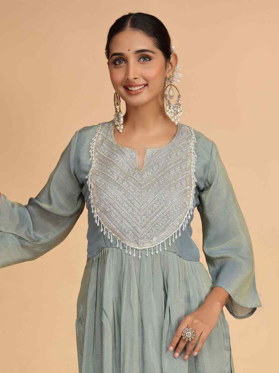 Firozi Silk Embroidered Festival Casual Kurti with Bottom
