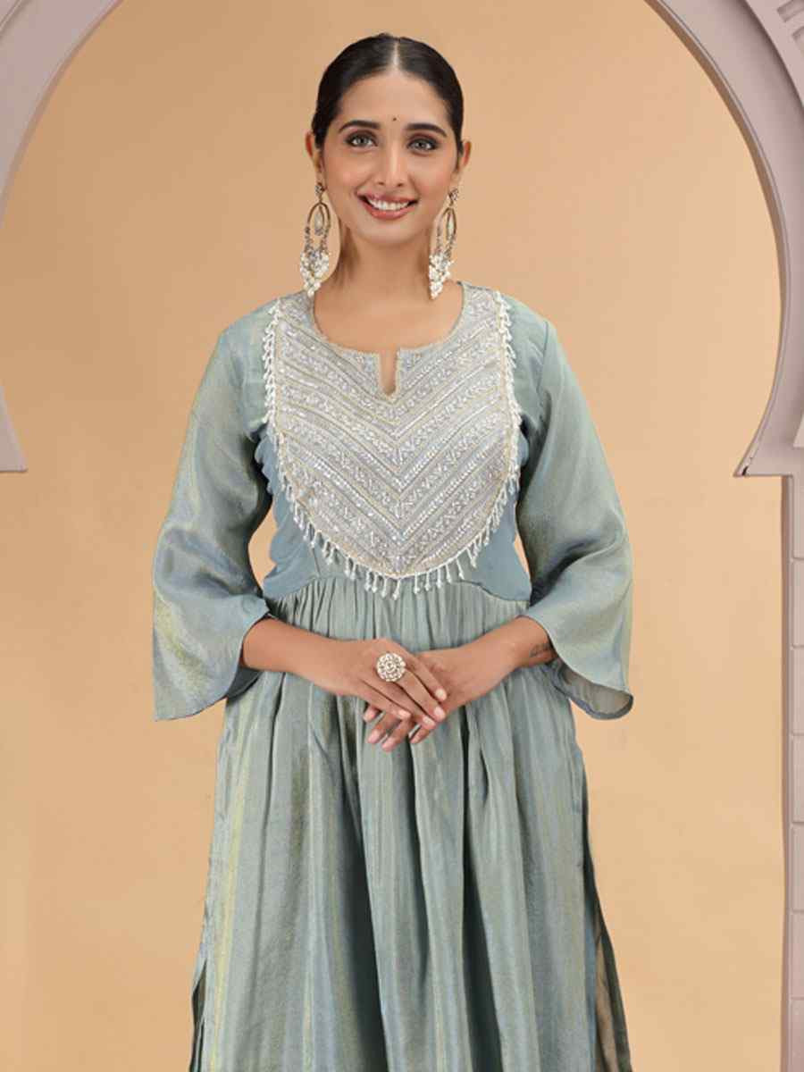 Firozi Silk Embroidered Festival Casual Kurti with Bottom