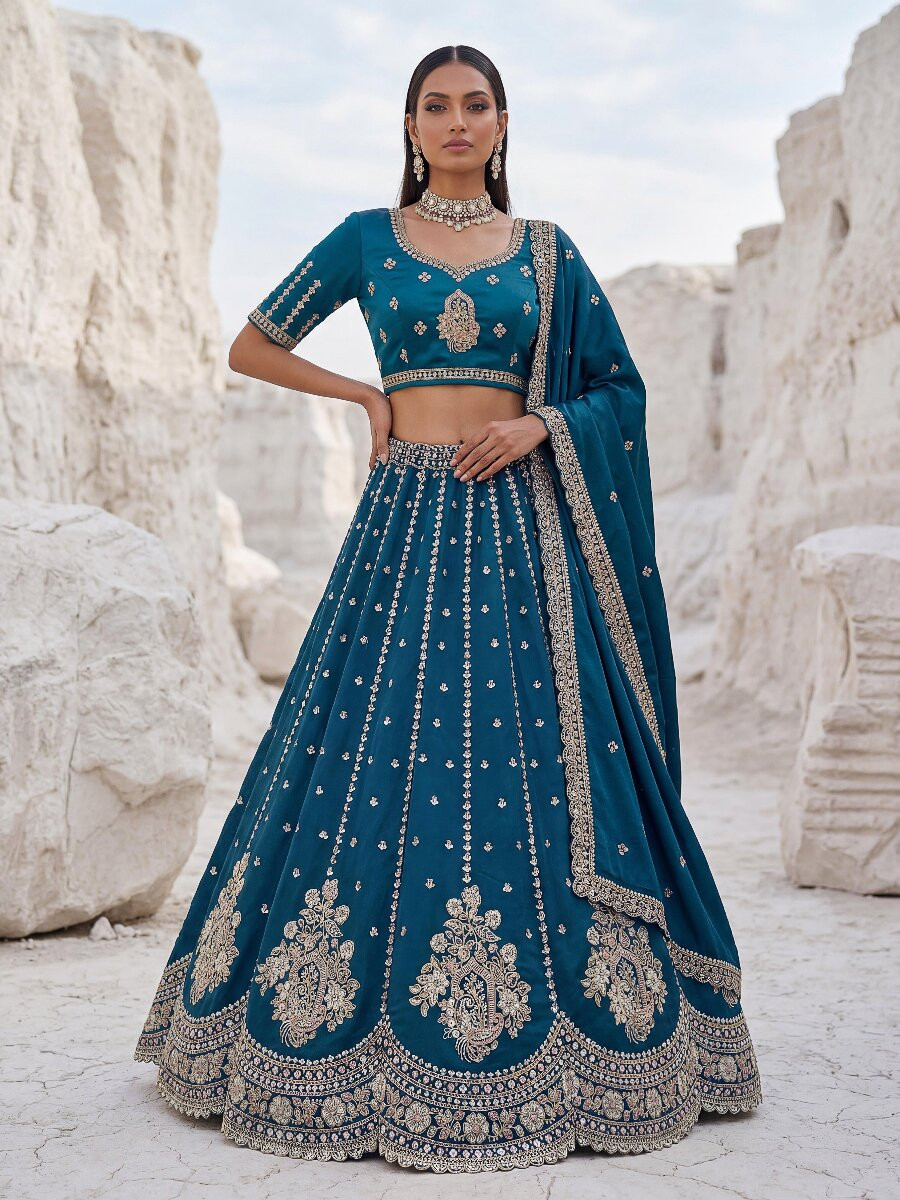 Firozi Silk Embroidery Zari Sequins Wedding Reception Party Festival Heavy Border Lehenga Choli