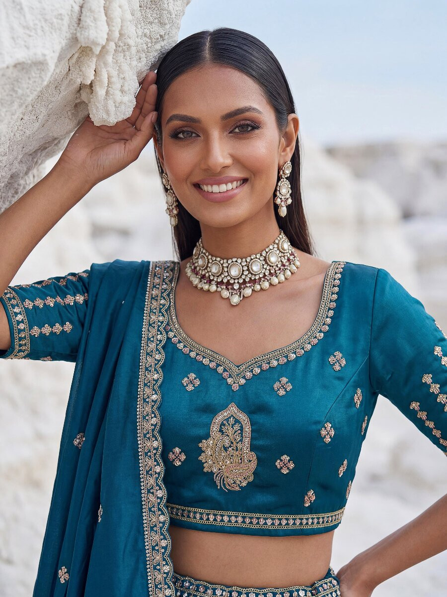 Firozi Silk Embroidery Zari Sequins Wedding Reception Party Festival Heavy Border Lehenga Choli