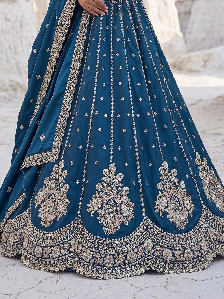 Firozi Silk Embroidery Zari Sequins Wedding Reception Party Festival Heavy Border Lehenga Choli