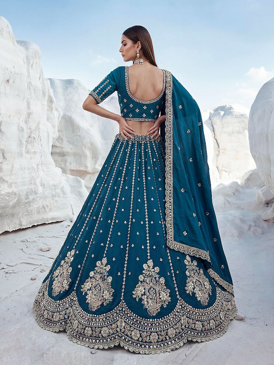 Firozi Silk Embroidery Zari Sequins Wedding Reception Party Festival Heavy Border Lehenga Choli