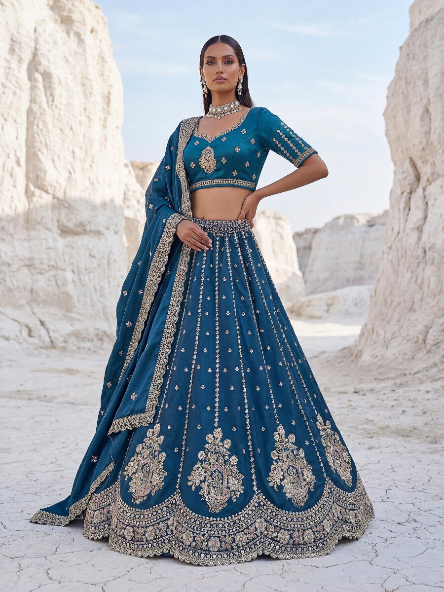 Firozi Silk Embroidery Zari Sequins Wedding Reception Party Festival Heavy Border Lehenga Choli
