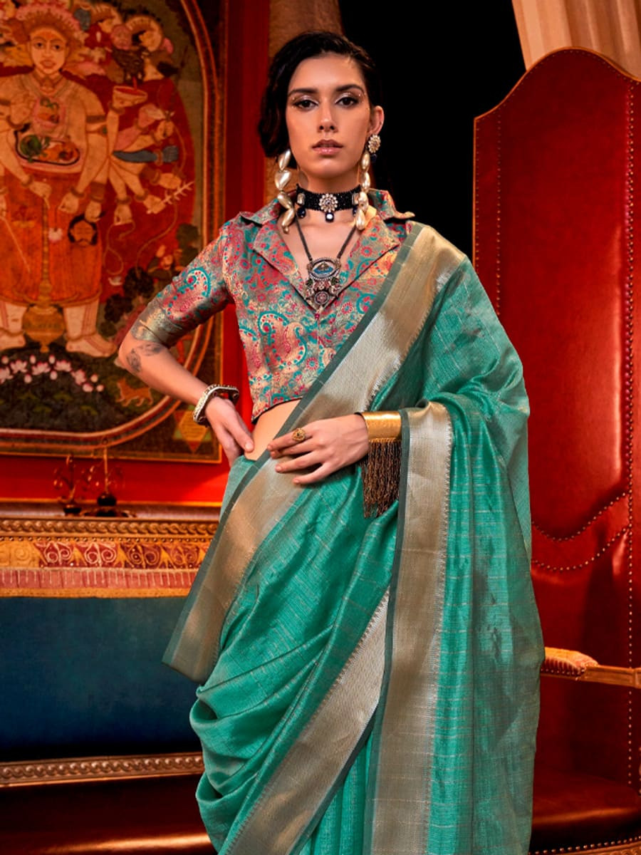 Firozi Silk Handwoven Festival Wedding Heavy Border Saree