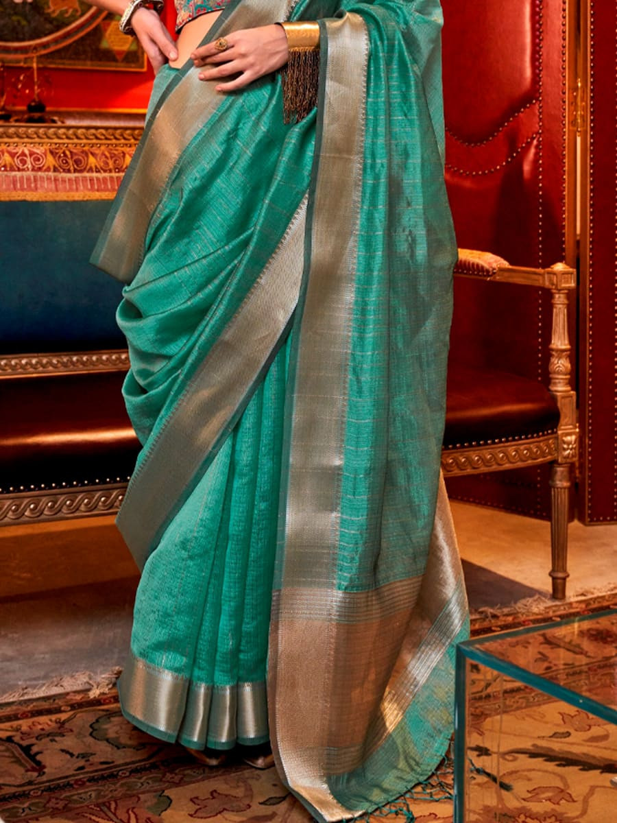 Firozi Silk Handwoven Festival Wedding Heavy Border Saree