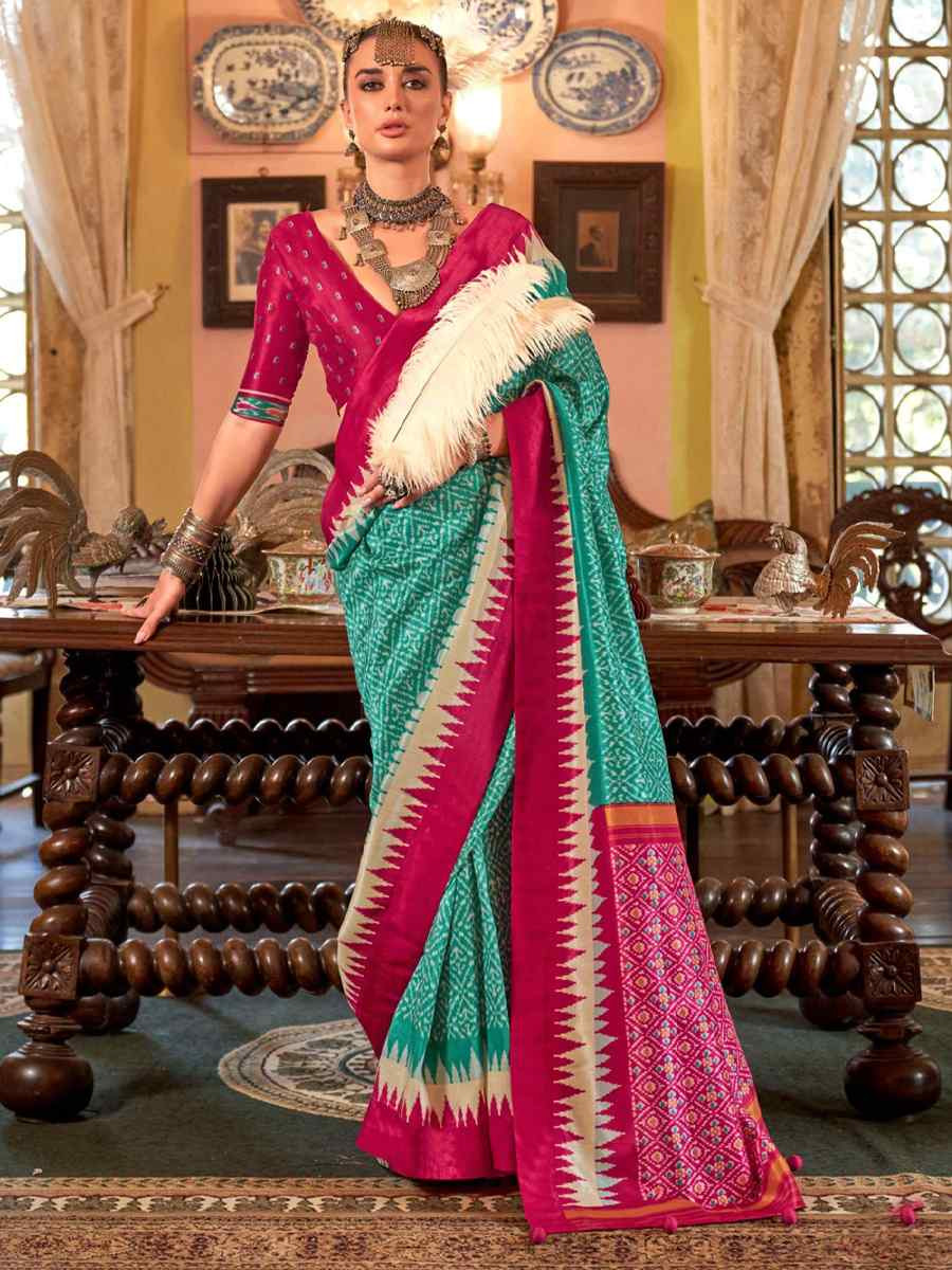 Firozi Silk Printed Festival Wedding Fancy Heavy Border Saree