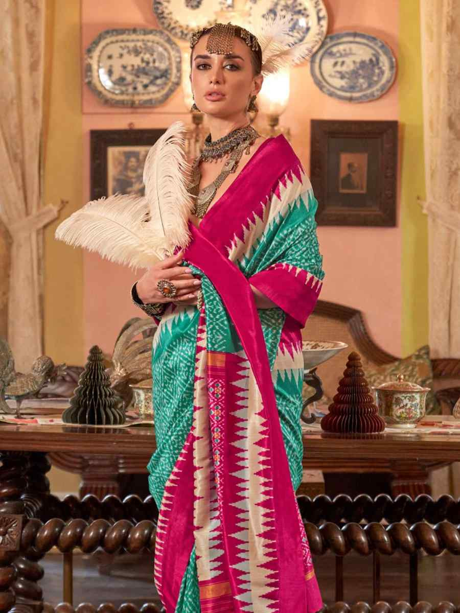 Firozi Silk Printed Festival Wedding Fancy Heavy Border Saree