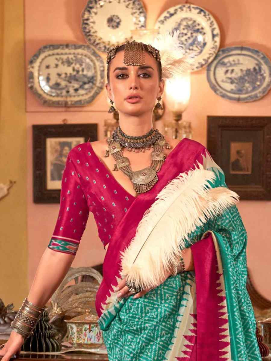 Firozi Silk Printed Festival Wedding Fancy Heavy Border Saree