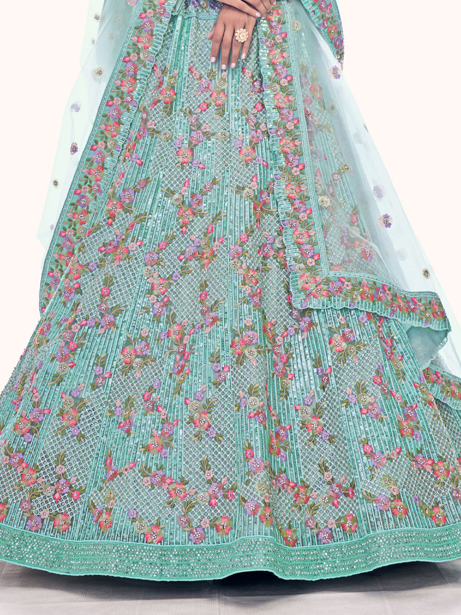 Firozi Soft Net Embroidered Bridal Wedding Heavy Border Lehenga Choli