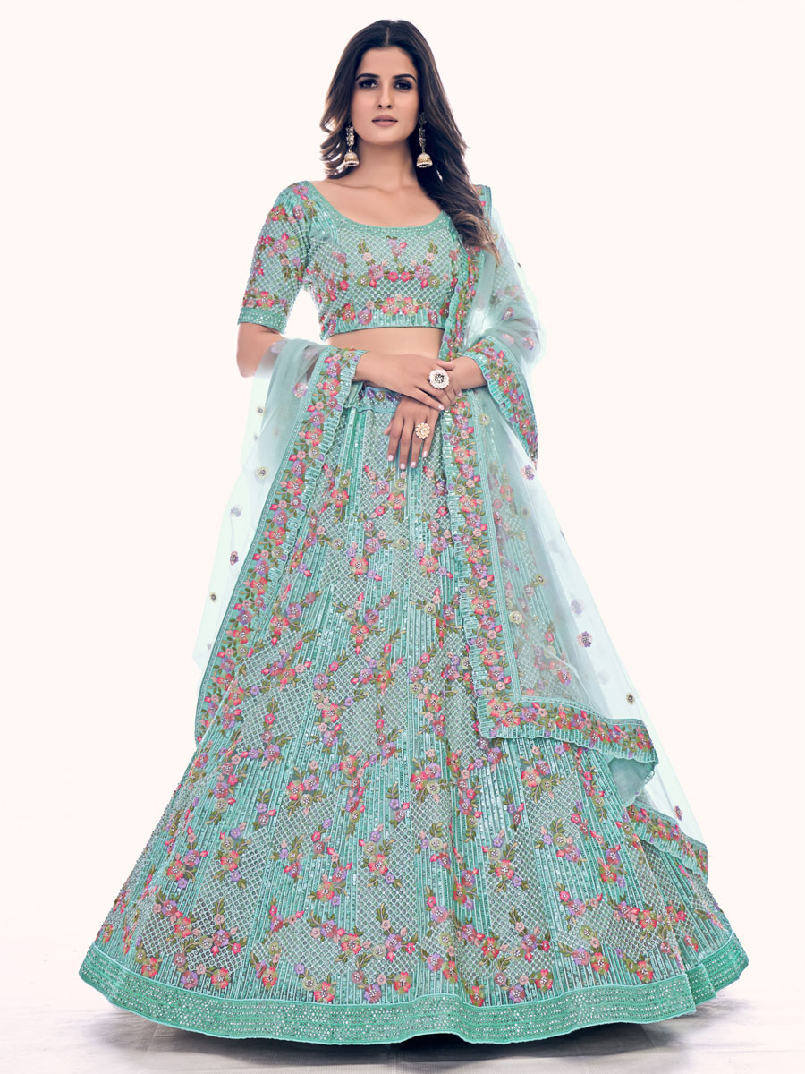 Firozi Soft Net Embroidered Bridal Wedding Heavy Border Lehenga Choli