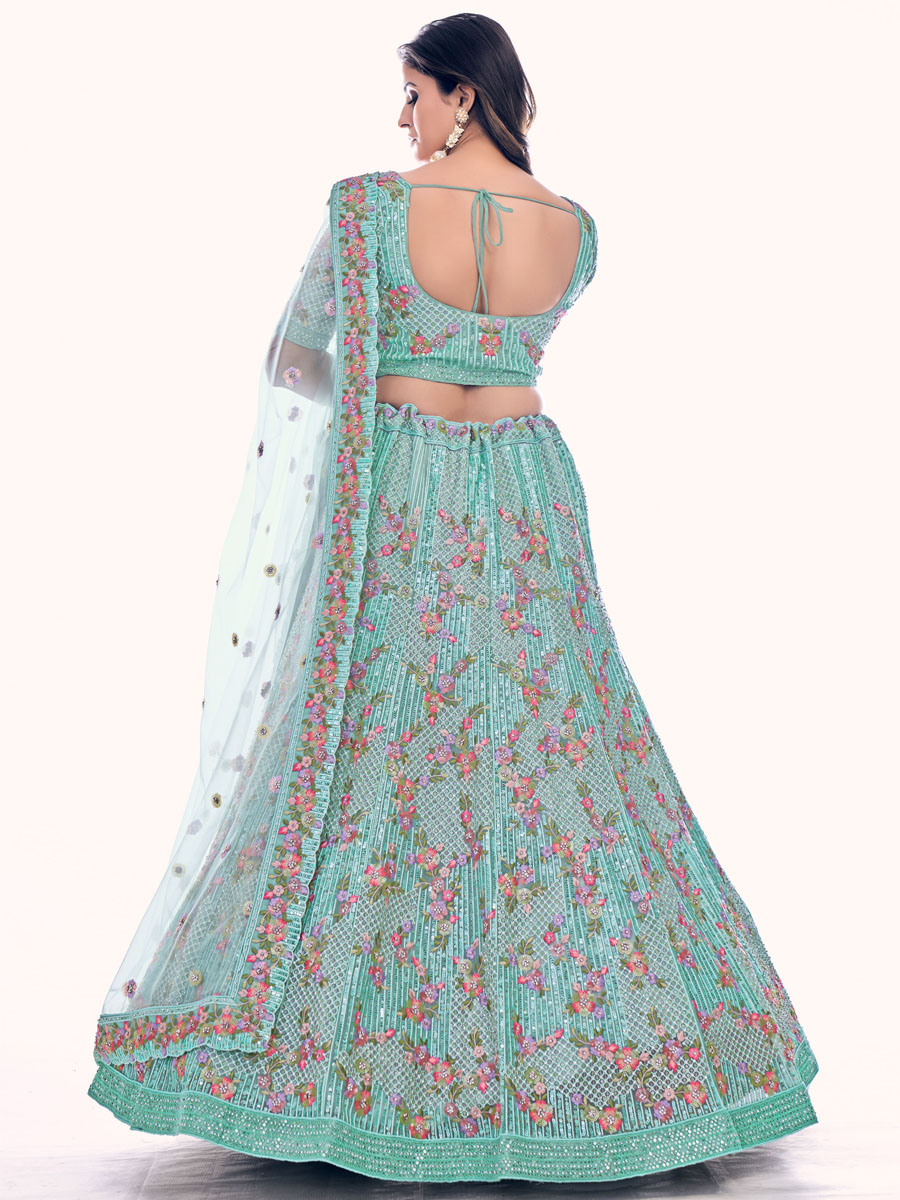 Firozi Soft Net Embroidered Bridal Wedding Heavy Border Lehenga Choli
