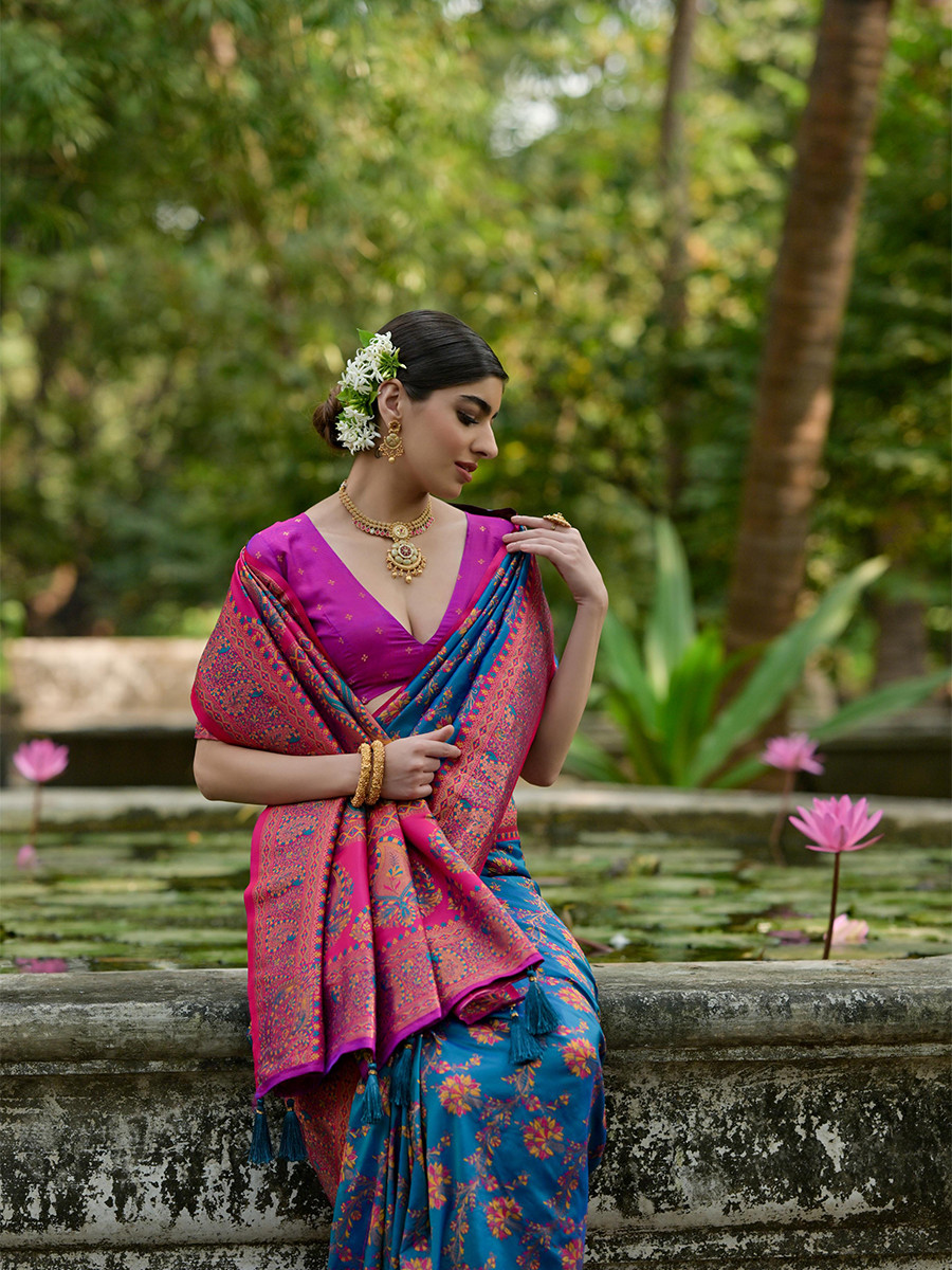 Firozi Soft Pashmina Silk Zari Handwoven Casual Reception Festival Wedding Fancy Classic Heavy Border Sarees