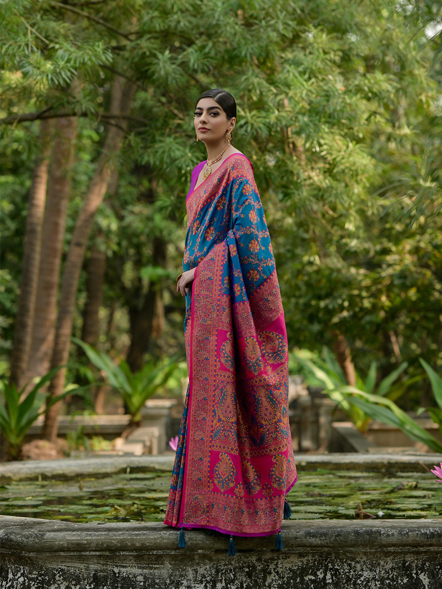 Firozi Soft Pashmina Silk Zari Handwoven Casual Reception Festival Wedding Fancy Classic Heavy Border Sarees