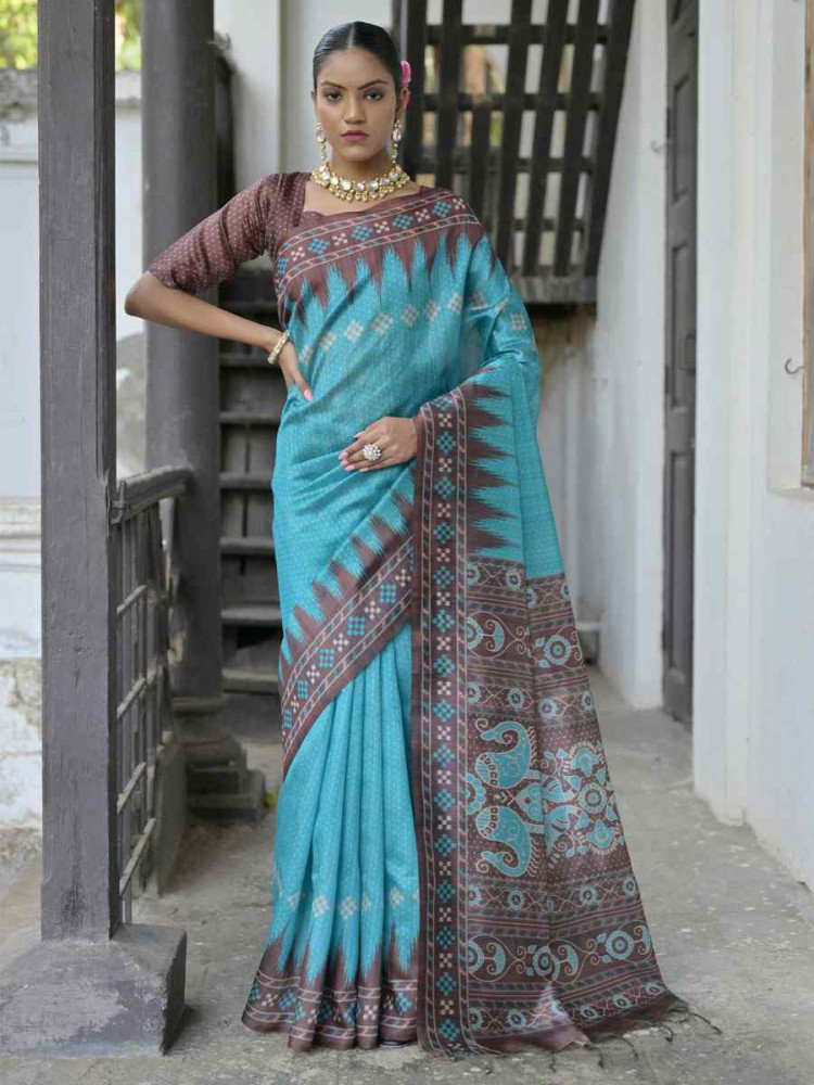 Image of Firozi Soft Tussar Silk Printed Traditional Bridal Reception Festival Wedding Fancy Heavy Border Saree