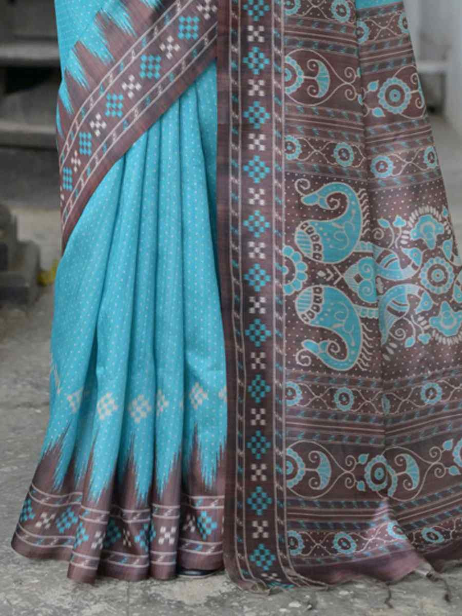 Firozi Soft Tussar Silk Printed Traditional Bridal Reception Festival Wedding Fancy Heavy Border Saree