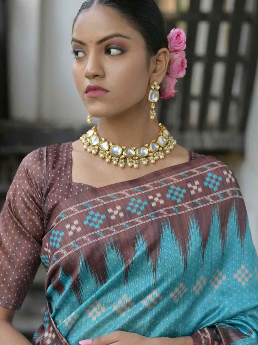 Firozi Soft Tussar Silk Printed Traditional Bridal Reception Festival Wedding Fancy Heavy Border Saree