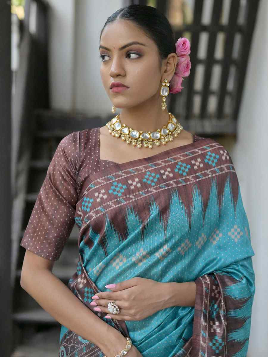 Firozi Soft Tussar Silk Printed Traditional Bridal Reception Festival Wedding Fancy Heavy Border Saree