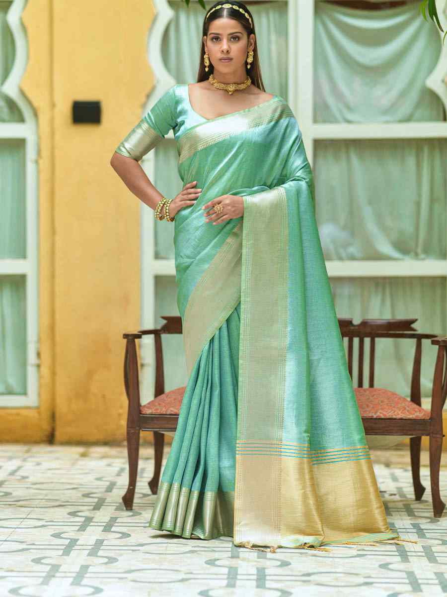 Firozi South Silk Handwoven Wedding Festival Heavy Border Saree