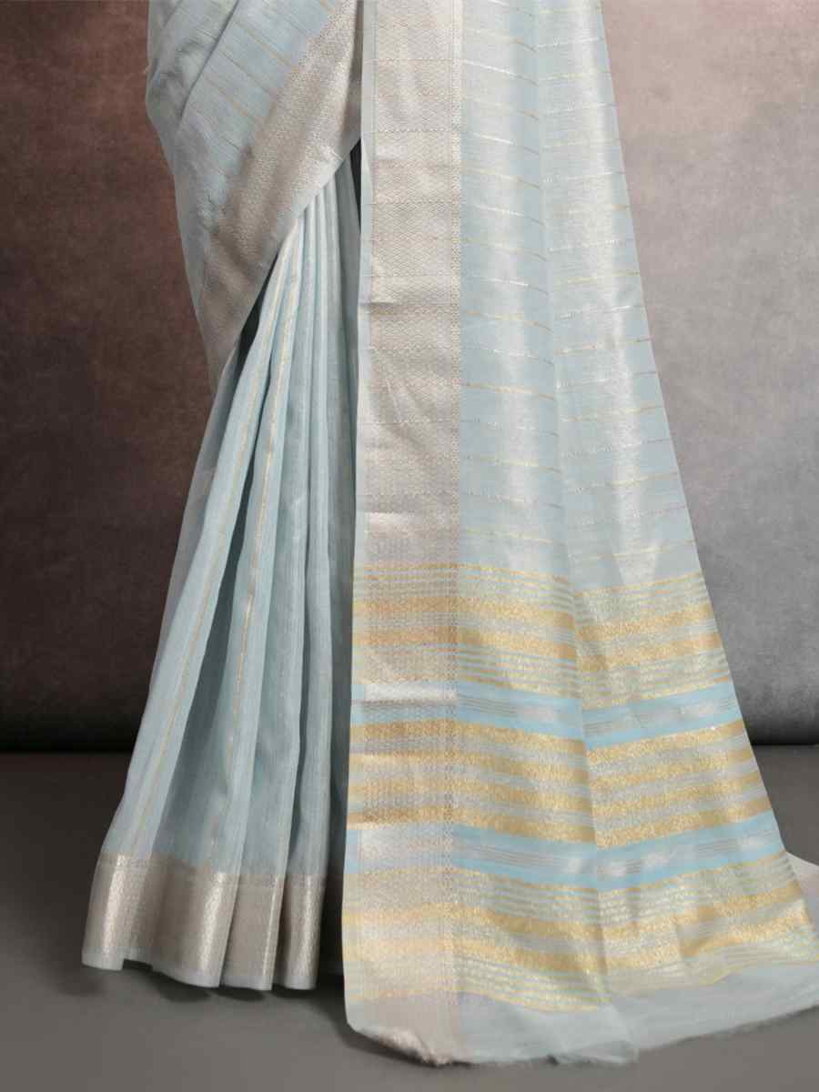 Firozi Tissue Linen Handwoven Casual Festival Classic Style Saree