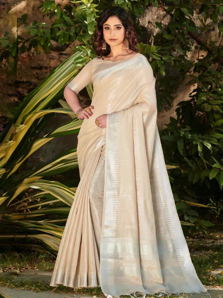 Cream Tissue Linen Handwoven Party Festival Heavy Border Saree