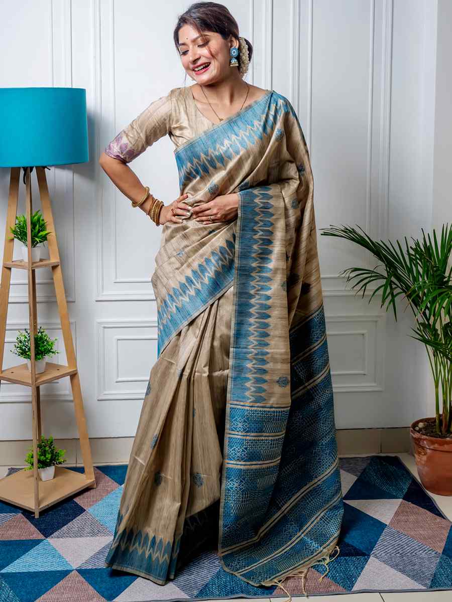 Firozi Tussar Silk Handwoven Casual Festival Classic Style Saree