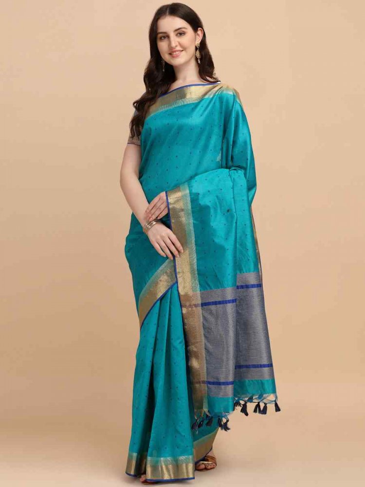 Firozi Tussar Silk Handwoven Wedding Festival Heavy Border Saree