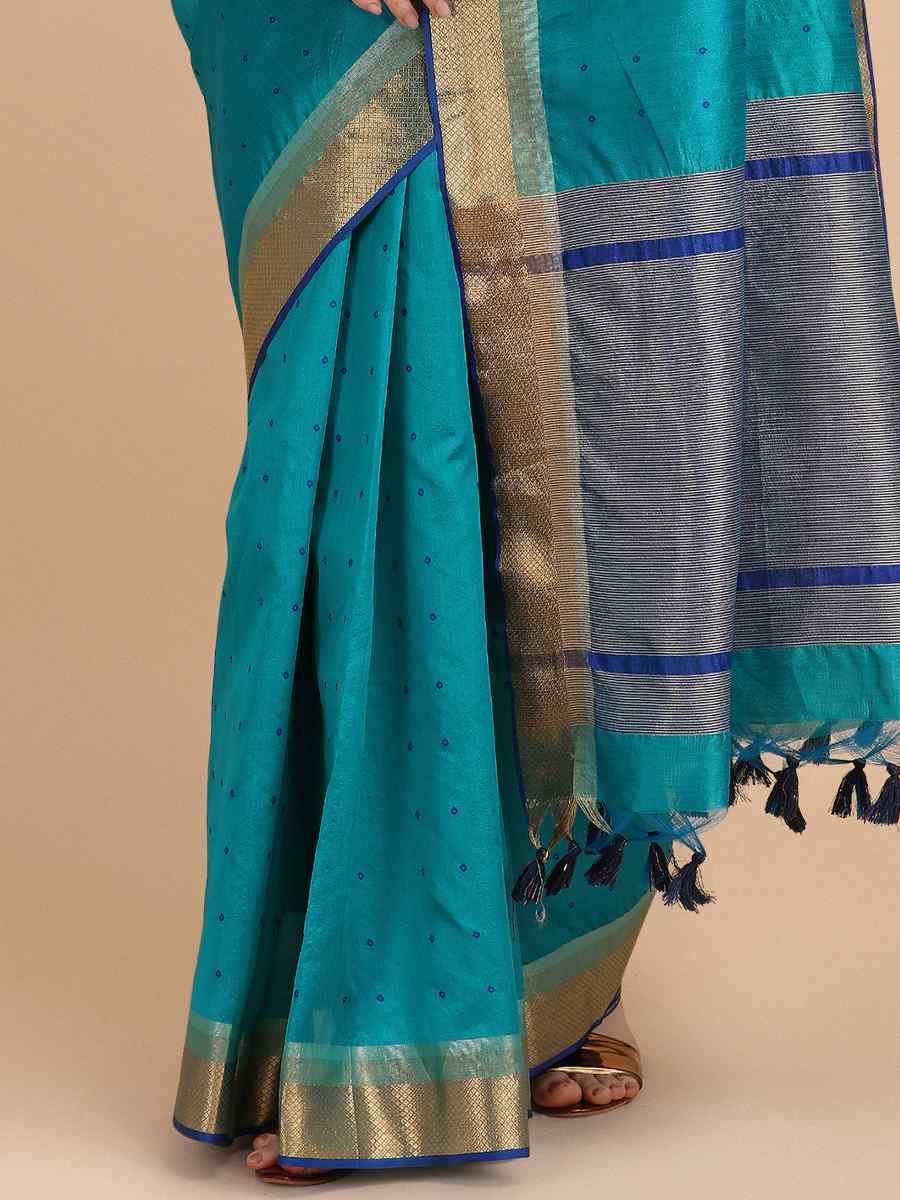 Firozi Tussar Silk Handwoven Wedding Festival Heavy Border Saree