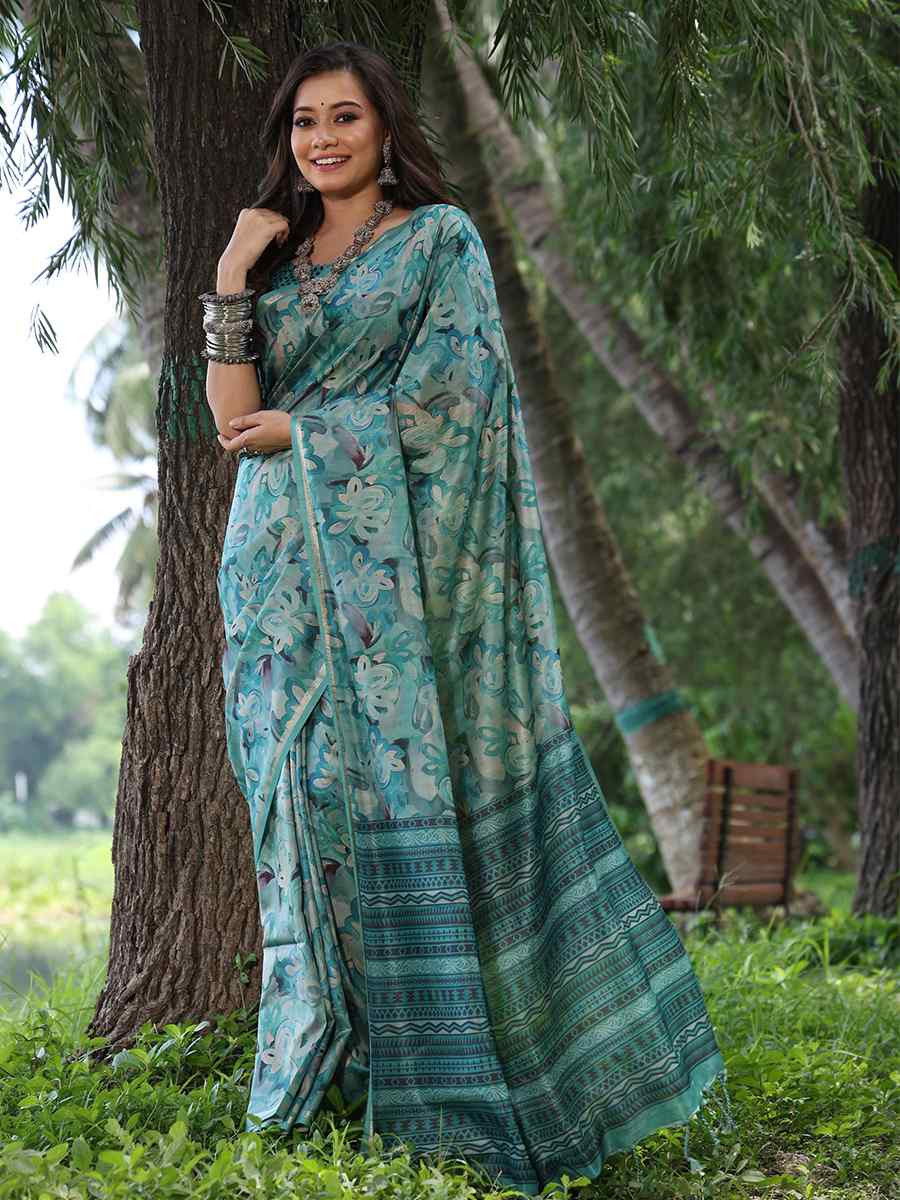 Firozi Tussar silk Printed Festival Wedding Classic Style Saree