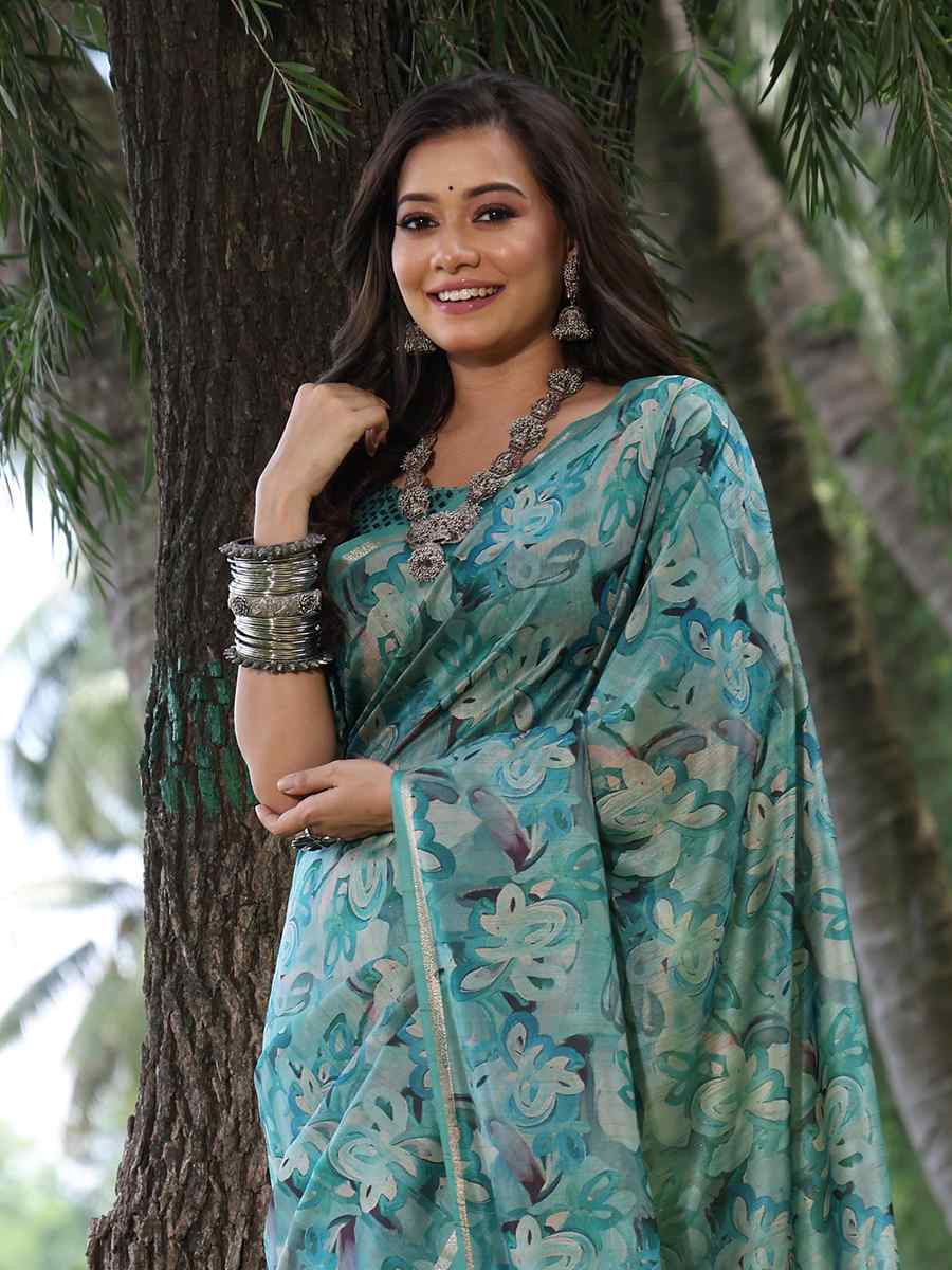 Firozi Tussar silk Printed Festival Wedding Classic Style Saree