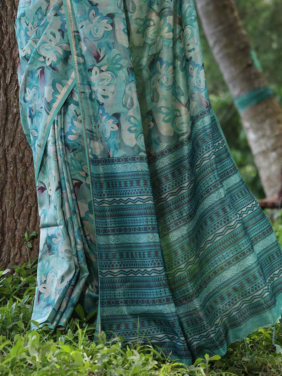 Firozi Tussar silk Printed Festival Wedding Classic Style Saree