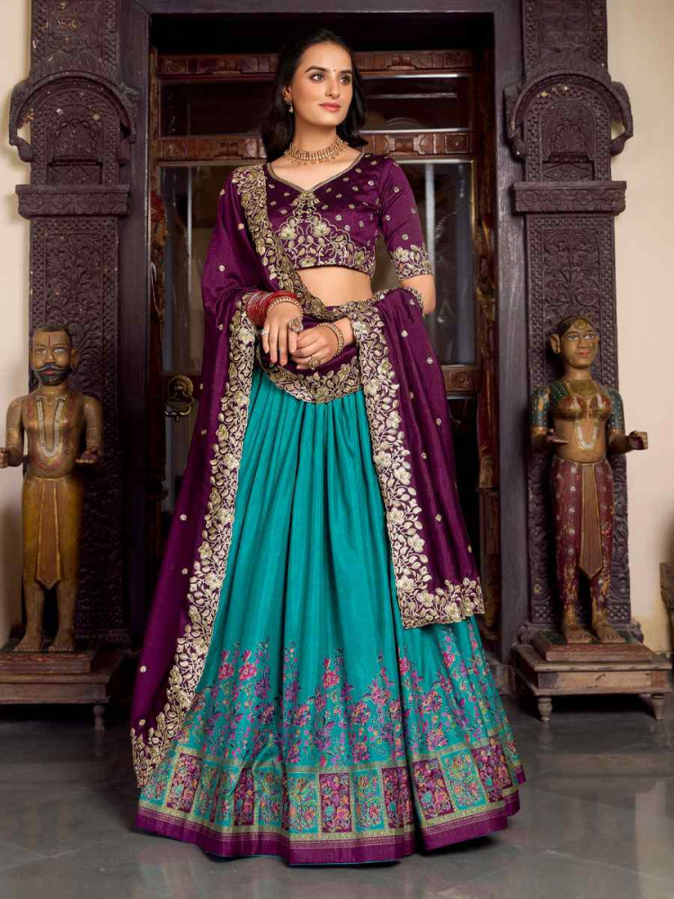 Firozi Tussar Silk Printed Party Reception Wedding Lehenga Choli