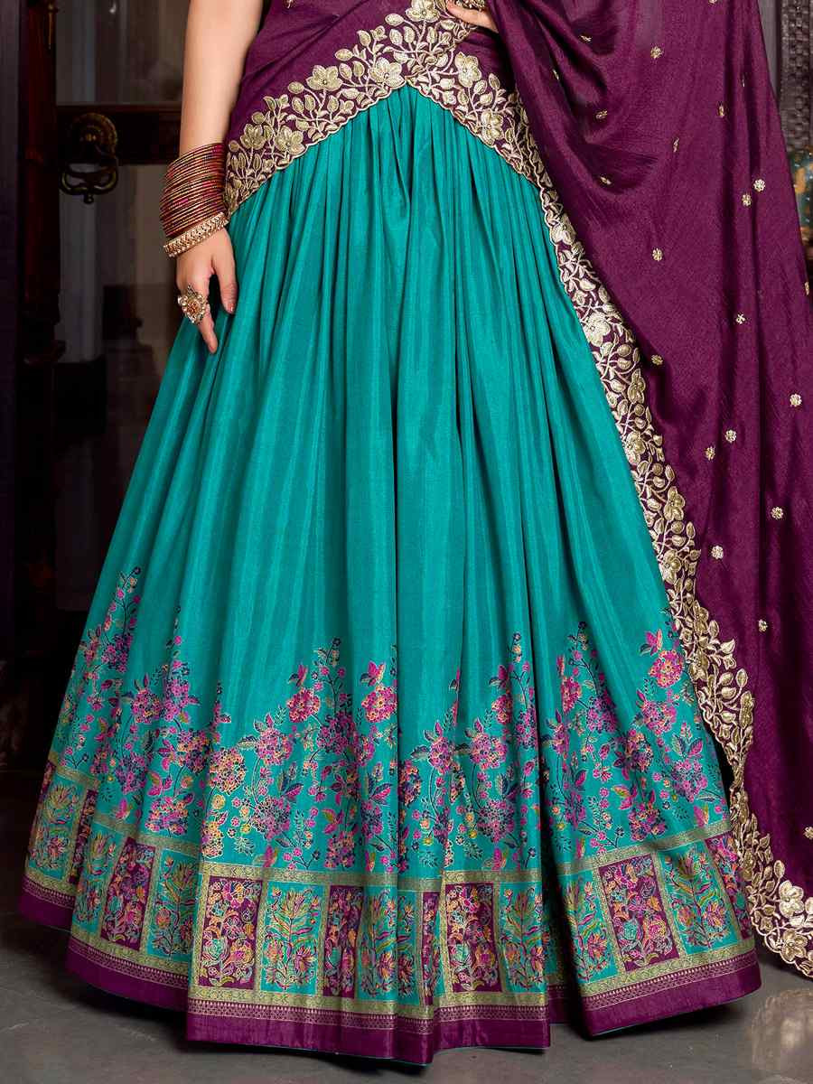 Firozi Tussar Silk Printed Party Reception Wedding Lehenga Choli