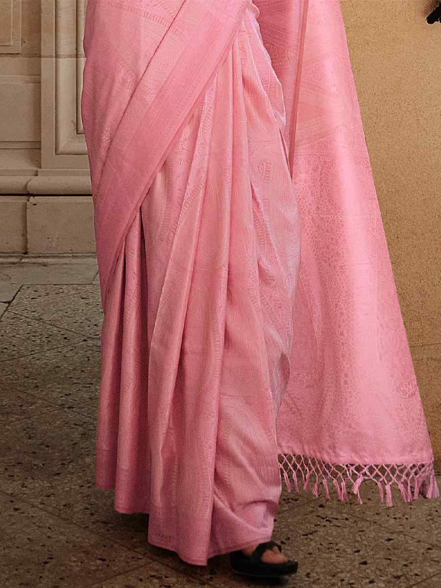 Flamingo Pink Satin Silk Handwoven Party Festival Classic Style Saree