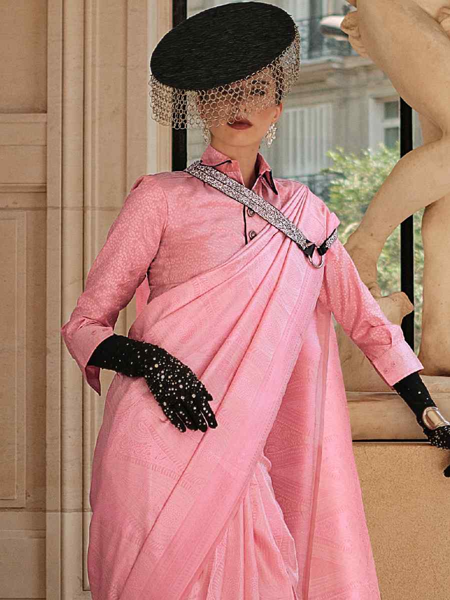 Flamingo Pink Satin Silk Handwoven Party Festival Classic Style Saree