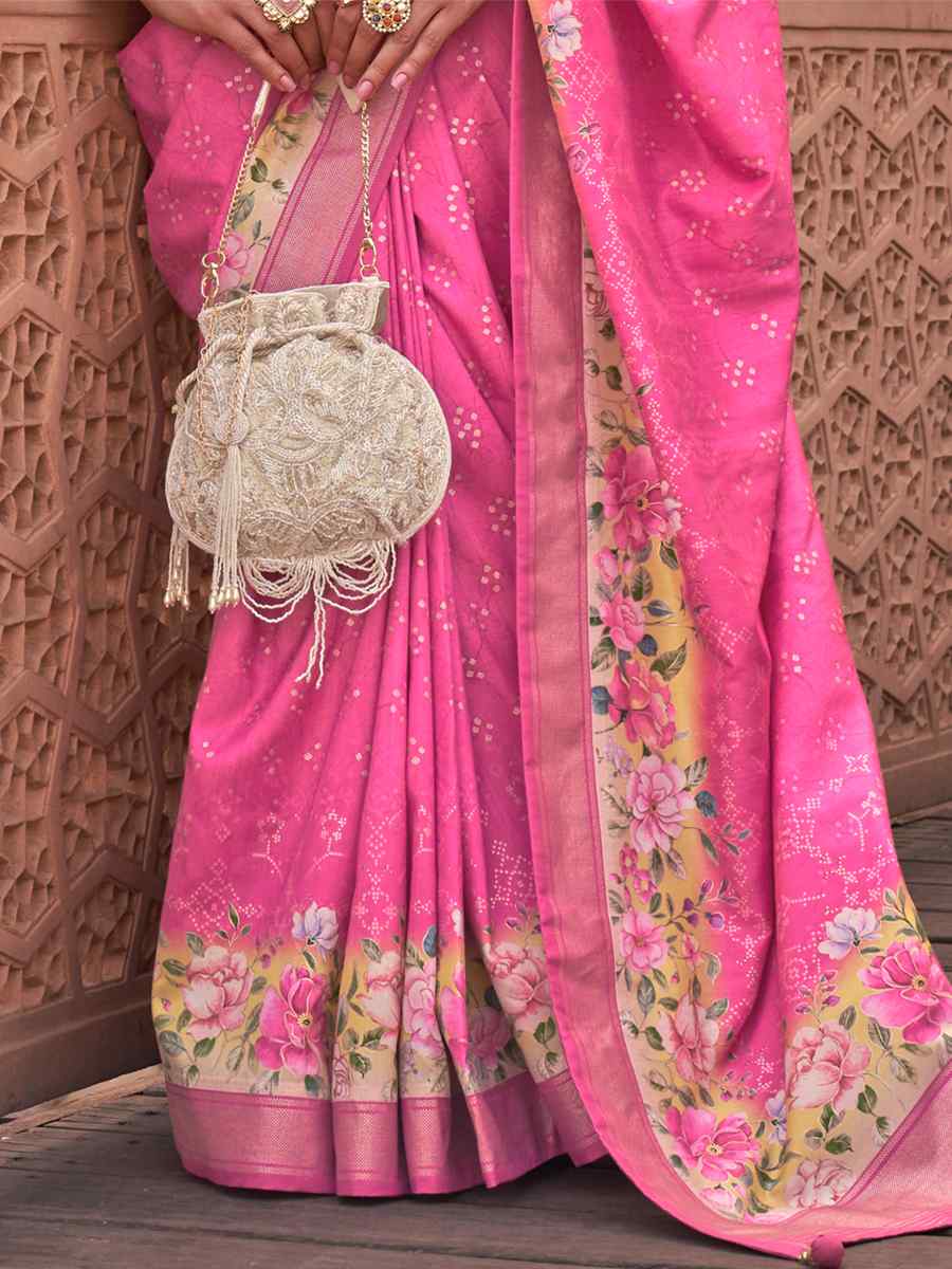 Flamingo Pink Silk Printed Casual Festival Classic Style Saree