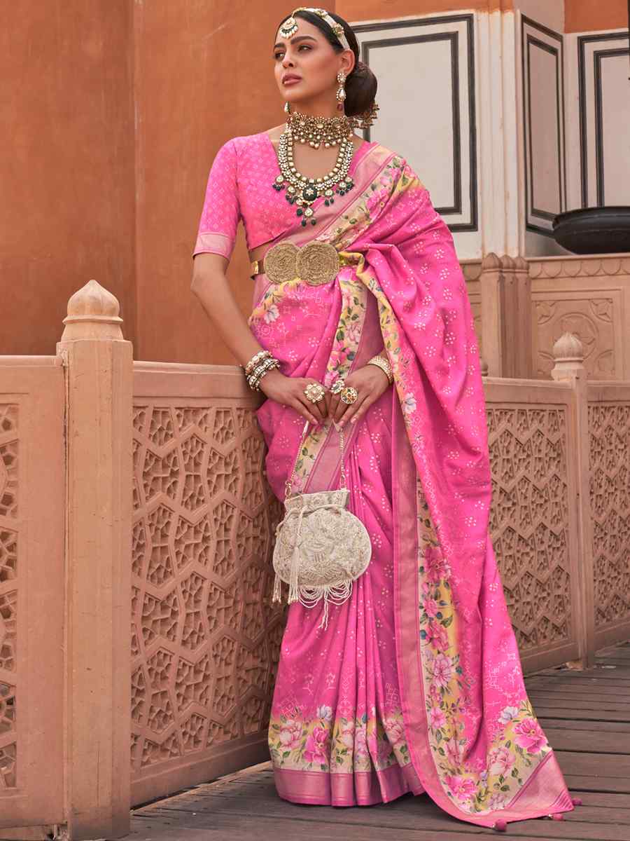 Flamingo Pink Silk Printed Casual Festival Classic Style Saree